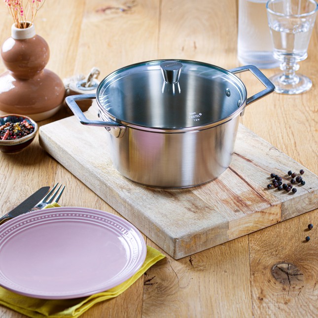 Faitout en inox brossé avec couvercle en verre 2