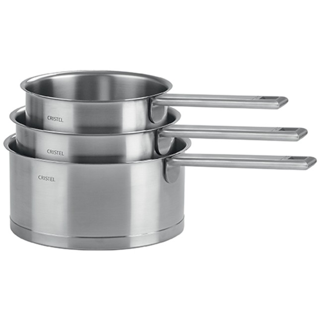 Set of 3 brushed stainless steel saucepans