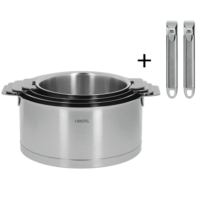 Set of 4 stainless steel saucepans + 2 removable Zenith handles