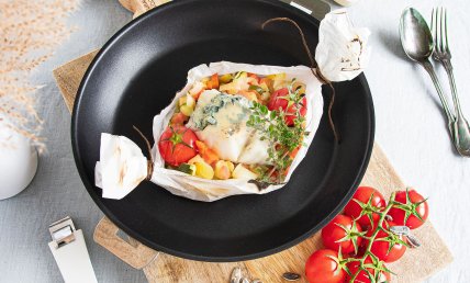 Papillote de cabillaud au bleu d'Auvergne à la poêle